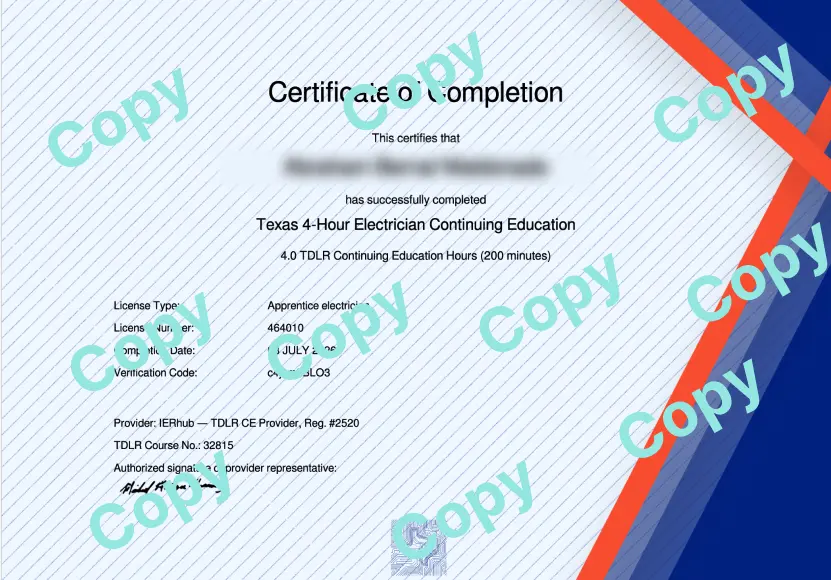 Sample IERhub course completion certificate